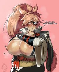 Rule 34 | 1girl, angry, armor, baiken, big hair, black jacket, black kimono, grabbing another&#039;s breast, breasts, commentary, cowboy shot, english commentary, english text, eyepatch, facial tattoo, grabbing, grabbing own breast, greaves, guilty gear, guilty gear xrd, heart, high ponytail, highres, huge breasts, huge nipples, jacket, jacket on shoulders, japanese clothes, kataginu, kimono, krekkov, large areolae, long hair, looking at viewer, multicolored clothes, multicolored kimono, nipple piercing, nipple slip, nipples, one-eyed, open clothes, open kimono, piercing, pink background, pink hair, ponytail, samurai, sash, scar, scar across eye, scar on face, scowl, shiny skin, sidelocks, solo, sound effects, steaming body, tattoo, very long hair, white kimono, wide sleeves, yellow eyes