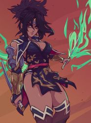 Rule 34 | 1girl, absurdres, armor, black hair, breasts, detached sleeves, doobermcgoober, forehead protector, gloves, highres, japanese clothes, kimono, large breasts, long hair, ninja, no pants, ponytail, simple background, solo, soul calibur, sword, taki (soulcalibur), weapon