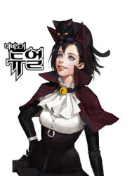 Rule 34 | 1girl, animal ears, bell, black hair, blue eyes, cat, collar, corset, dongho kang, fake animal ears, gloves, hand on own hip, jingle bell, lady sherr, looking down, looking up, mabinogi duel, simple background, solo, upper body, white background, yellow eyes