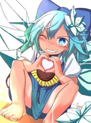 Rule 34 | &gt;;), 1girl, barefoot, blue bow, blue dress, blue eyes, blue hair, blush, bow, cirno, dress, flower, furorina, grin, hair between eyes, hair bow, heart, heart hands, highres, ice, ice wings, looking at viewer, puffy short sleeves, puffy sleeves, short sleeves, smile, solo, squatting, sunflower, tanned cirno, touhou, v-shaped eyebrows, wings