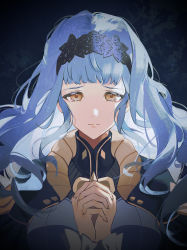 Rule 34 | 1girl, alternate hairstyle, blue hair, breasts, brown eyes, closed mouth, dress, fire emblem, fire emblem: three houses, fire emblem warriors, fire emblem warriors: three hopes, frown, hair ornament, highres, long hair, long sleeves, looking at viewer, loooooneutral, marianne von edmund, nintendo, official alternate costume, official alternate hairstyle, own hands clasped, own hands together, palms together, praying, sad, solo, upper body