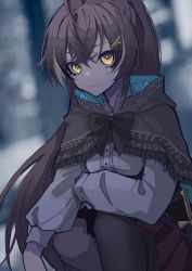 Rule 34 | 1girl, absurdres, ahoge, belt, blurry, brown capelet, brown cloak, brown corset, brown hair, cape, capelet, cloak, corset, dagger, depth of field, dim lighting, hair ornament, hairclip, hieroglyphics, highres, hololive, hololive english, knee strap, knife, long hair, looking at viewer, mentally deficient, multicolored hair, nanashi mumei, pleated skirt, ponytail, red skirt, ribbon, shirt, single thighhigh, skirt, squatting, streaked hair, thighhighs, very long hair, virtual youtuber, weapon, white shirt, yellow eyes
