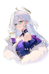 Rule 34 | 1girl, bare shoulders, closed mouth, cup, detached collar, earrings, fur shawl, glass, gloves, green eyes, halo, head wings, highres, holding, holding cup, honkai: star rail, honkai (series), jewelry, long hair, looking at viewer, robin (honkai: star rail), shawl, simple background, smile, solo, ttosom, upper body, white background, white gloves, white hair, white wings, wings