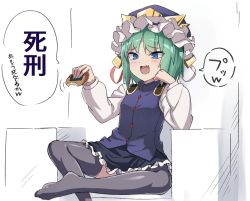 Rule 34 | 1girl, black skirt, black thighhighs, blue eyes, blue vest, chair, cookie, eha7y, fang, food, furrowed brow, green hair, highres, holding, holding cookie, holding food, laughing, long sleeves, miniskirt, no shoes, one-hour drawing challenge, open mouth, out of character, senbei, shiki eiki, shirt, short hair, sitting, skirt, solo, speech bubble, teeth, thighhighs, throne, touhou, translation request, tsurime, vest, white shirt