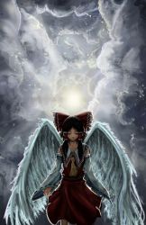 Rule 34 | 1girl, angel, angel wings, arms at sides, ascot, backlighting, black hair, bow, cloud, cloudy sky, collarbone, commentary, d-pendulum, detached sleeves, closed eyes, feathered wings, frilled bow, frills, hair bow, hair tubes, hakurei reimu, halo, highres, light, light smile, neck, red skirt, ribbon-trimmed sleeves, ribbon trim, skirt, sky, sleeveless, solo, touhou, wings