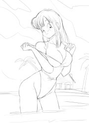 Rule 34 | 1girl, alternate breast size, bare legs, bare shoulders, beach, blush, breast press, breasts, caisama, casual one-piece swimsuit, cleavage, cloud, covered navel, cowboy shot, curvy, dragon ball, dragonball z, facing viewer, female focus, flashing, happy, highleg, highleg swimsuit, house, kame house, large breasts, light smile, long hair, looking at viewer, maron (dragon ball), monochrome, ocean, one-piece swimsuit, outdoors, palm tree, sketch, sky, smile, solo, standing, swimsuit, tree, wading, water, wet