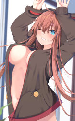Rule 34 | 1girl, ;d, animal ears, arms up, blue eyes, blush, bouncing breasts, breasts, brown hair, cleavage, covered erect nipples, cowboy shot, fake animal ears, grin, highres, hood, hood up, jacket, large breasts, long hair, long sleeves, naked jacket, navel, no bra, one eye closed, open clothes, open jacket, open mouth, original, parted lips, partially unzipped, rabbit ears, rabbit pose, smile, solo, takeyuu, zipper pull tab