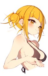 Rule 34 | 1girl, :3, absurdres, armpit crease, bare arms, bare shoulders, bikini, black bikini, blonde hair, blunt bangs, blush, boku no hero academia, breast lift, breasts, closed mouth, covered erect nipples, cropped torso, double bun, from side, hair bun, hand up, highres, looking at viewer, looking to the side, medium breasts, messy hair, narrow waist, rasusurasu, shiny skin, sideboob, simple background, smirk, solo, strap gap, swimsuit, thick eyelashes, toga himiko, upper body, v-shaped eyebrows, white background, yellow eyes