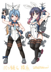 Rule 34 | 2girls, black legwear, blue hair, blue neckerchief, blue ribbon, buttons, cannon, full body, gradient hair, grey footwear, holding, holding turret, kantai collection, leotard, long hair, looking at viewer, machinery, multicolored hair, multiple girls, neckerchief, pantyhose, playboy bunny, purple eyes, purple hair, red eyes, ribbon, sado (kancolle), short hair, sidelocks, simple background, smile, smokestack, tatsumi ray, thighhighs, tsushima (kancolle), turret, white background