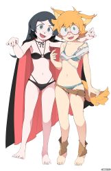 Rule 34 | 2girls, absurdres, animal ears, bad id, bad pixiv id, barbara parker, barefoot, black bra, black hair, black panties, blue bra, blue eyes, blue panties, blush, bra, breasts, cape, cleavage, collarbone, fangs, freckles, full body, glasses, highres, little witch academia, long hair, looking at viewer, lotte jansson, multiple girls, navel, once 11h, open mouth, orange hair, panties, sharp teeth, short hair, simple background, small breasts, smile, standing, tail, teeth, torn clothes, underwear, vampire, werewolf, white background, wolf ears, wolf tail