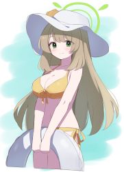 Rule 34 | 1girl, absurdres, bikini, blue archive, blush, breasts, cleavage, cropped legs, front-tie top, green eyes, halo, hat, highres, holding, holding swim ring, innertube, large breasts, light green hair, long hair, looking at viewer, navel, nonomi (blue archive), nonomi (swimsuit) (blue archive), side-tie bikini bottom, simple background, smile, solo, straight hair, sun hat, swim ring, swimsuit, uhouhogorigori, very long hair, yellow bikini