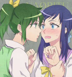 Rule 34 | 10s, 2girls, bad id, bad pixiv id, blue eyes, blue hair, blush, crossover, dokidoki! precure, embarrassed, eye contact, green eyes, green hair, hishikawa rikka, holding another&#039;s wrist, imminent kiss, long hair, looking at another, midorikawa nao, multiple girls, negom, ponytail, precure, school uniform, smile precure!, upper body, wavy mouth, yuri