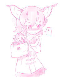 Rule 34 | 1girl, animal ears, averting eyes, bag, blush, caracal (kemono friends), cat ears, clenched hand, coat, cowboy shot, embarrassed, food, frown, hand up, japari bun, japari symbol, kemono friends, monochrome, reaching, reaching towards viewer, scarf, short hair, simple background, sketch, solo, valentine, white background, winter clothes, winter coat, yamaguchi sapuri