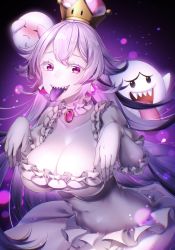 Rule 34 | 1girl, blush, boo (mario), breasts, brooch, cleavage, collar, collarbone, colored eyelashes, colored tongue, covered navel, crown, detached collar, dress, earrings, frilled collar, frilled dress, frilled gloves, frills, ghost pose, gloves, hair between eyes, highres, jewelry, kitazume kumie, large breasts, long hair, looking at viewer, luigi&#039;s mansion, mario (series), new super mario bros. u deluxe, nintendo, open mouth, pale skin, princess king boo, puffy short sleeves, puffy sleeves, purple eyes, purple tongue, sharp teeth, short sleeves, smile, super crown, teeth, tongue, tongue out, white dress, white gloves