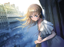 Rule 34 | 1girl, blonde hair, blue eyes, blush, breasts, brown hair, closed mouth, collarbone, day, floating hair, gradient hair, grey skirt, highres, leaning forward, lens flare, long hair, looking down, multicolored hair, original, outdoors, red ribbon, ribbon, shirt, short sleeves, skirt, small breasts, smile, solo, ume (illegal bible), white shirt