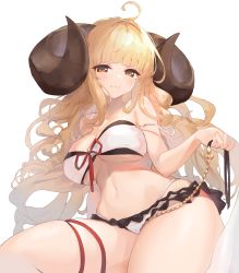 Rule 34 | 1girl, absurdres, ahoge, anila (granblue fantasy), anila (summer) (granblue fantasy), bikini, blonde hair, blunt bangs, blush, breasts, brown eyes, cleavage, cowboy shot, draph, granblue fantasy, highres, horns, large breasts, layered bikini, long hair, looking at viewer, navel, shadow, sheep horns, simple background, solo, strap slip, swimsuit, tai (e3d1p), thick thighs, thighs, underboob, white background, white bikini