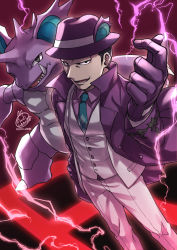 Rule 34 | 1boy, black hair, blouse, blue necktie, collared shirt, commentary request, creatures (company), game freak, gen 1 pokemon, giovanni (pokemon), giovanni (sygna suit) (pokemon), gloves, hand on own hip, hat, highres, jacket, looking at viewer, male focus, mono land, necktie, nidoking, nintendo, open clothes, open jacket, open mouth, pants, pokemon, pokemon (creature), pokemon masters ex, purple gloves, purple headwear, purple jacket, purple shirt, shirt, signature, snapping fingers, standing, team rocket, vest, white pants, white vest