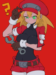 Rule 34 | 1girl, absurdres, belt, blonde hair, breasts, brown gloves, buzzlyears, cabbie hat, cropped jacket, gloves, green eyes, hat, highres, holding, holding wrench, jacket, long hair, medium breasts, mega man (series), mega man legends (series), red hat, red jacket, red shorts, roll caskett (mega man), short sleeves, shorts, solo, wrench