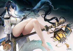 Rule 34 | 1girl, arknights, bare legs, barefoot, black gloves, black shorts, blue eyes, blue hair, breasts, closed mouth, coat, crossed legs, cup, dragon, dragon girl, dragon horns, earrings, elbow gloves, full body, gloves, gourd, gradient background, holding, holding cup, horns, jewelry, lantern, large breasts, ling (arknights), long hair, long sleeves, looking at viewer, necktie, omone hokoma agm, open clothes, open coat, pointy ears, shirt, short shorts, shorts, signature, sitting, smile, solo, staff, underbust, very long hair, white coat, white shirt, yellow necktie