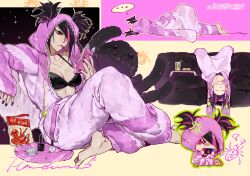 Rule 34 | ..., 1girl, barefoot, black bra, black nails, bra, breasts, cellphone, cleavage, couch, feet, flavedochen, food in mouth, han juri, highres, knee up, medium breasts, nail polish, nail polish bottle, official alternate costume, official alternate hairstyle, pajamas, phone, smartphone, solo, spoken ellipsis, street fighter, street fighter 6, stuffed animal, stuffed spider, stuffed toy, toenail polish, toenails, toes, twintails, underwear, unzipped
