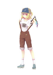 Rule 34 | 1girl, absurdres, alternate costume, baseball cap, blonde hair, blush, contemporary, crystal, flandre scarlet, full body, hat, highres, loafers, looking at viewer, multicolored wings, nail polish, orange eyes, pants, pants rolled up, red nails, shirt, shoes, short sleeves, shorts, side ponytail, smile, solo, sonikey0 0, suspender shorts, suspenders, suspenders pull, touhou, white background, white legwear, white shirt, wings