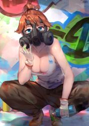 Rule 34 | 1girl, absurdres, blue eyes, breasts, brown footwear, brown hair, cleavage, commentary request, full body, gas mask, gloves, graffiti, highres, huge filesize, large breasts, long hair, looking at viewer, mask, mr.lime, original, paint splatter, pants, ponytail, spray can, spray paint, squatting, tank top, white gloves