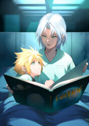 Rule 34 | 2boys, aged down, alternate universe, bed, blonde hair, book, closed mouth, cloud strife, couple, cuddling, eilinna, eyelashes, final fantasy, final fantasy vii, green eyes, grey hair, holding, holding book, male focus, multiple boys, on bed, open book, open mouth, reading, saturn (planet), sephiroth, short hair, spiked hair, under covers, yaoi