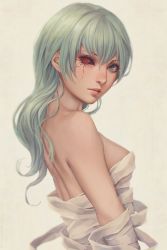 Rule 34 | 1girl, artist name, bandaged arm, bandages, bare shoulders, black sclera, breasts, closed mouth, colored sclera, commentary, eto (tokyo ghoul), green eyes, green hair, grey background, hair between eyes, heterochromia, highres, lips, long hair, looking at viewer, looking back, medium breasts, mismatched sclera, miura-n315, nose, realistic, red eyes, simple background, solo, spoilers, tokyo ghoul, upper body, watermark, web address