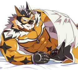 Rule 34 | 1boy, animal ears, bara, bed sheet, beige fur, bodysuit, bulge, cape, come hither, covered abs, covered navel, facial hair, furry, furry male, goatee, grau39, large pectorals, live a hero, male focus, medium hair, muscular, one eye closed, orange bodysuit, orange eyes, orange fur, pectorals, ryekie (live a hero), skin tight, solo, thick thighs, thighs, tiger boy, tiger ears, two-tone fur, white cape