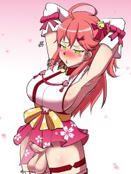 Rule 34 | 1girl, armpits, arms up, blush, blush stickers, bodyattk, breasts, detached sleeves, erection, futanari, green eyes, highres, hololive, large breasts, large testicles, nontraditional miko, penis, pink hair, precum, sakura miko, sideboob, skirt, small penis, solo, source request, testicles, virtual youtuber