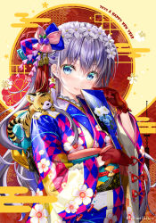 Rule 34 | 1girl, 2022, animal, animal on shoulder, blue eyes, blue kimono, blush, chinese zodiac, closed mouth, commentary request, egasumi, floral print, fujima takuya, gloves, grey hair, hagoita, hair between eyes, happy new year, highres, holding, japanese clothes, kimono, long hair, long sleeves, new year, obi, original, paddle, print kimono, red gloves, sash, smile, solo, tiger, twitter username, upper body, very long hair, wide sleeves, year of the tiger