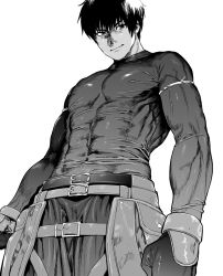 Rule 34 | 1boy, arash (fate), belt, black hair, closed mouth, covered abs, covered navel, fate/grand order, fate (series), from below, gloves, greyscale, kimidake, large pectorals, male focus, monochrome, muscular, muscular male, pectorals, shiny clothes, shirt, short hair, skin tight, smile, standing, tight clothes, tight shirt