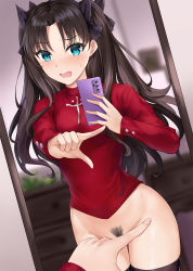 Rule 34 | 1girl, aqua eyes, asle, black hair, black ribbon, black thighhighs, blurry, blurry background, blush, bottomless, breasts, cellphone, covering crotch, covering privates, embarrassed, fate/stay night, fate (series), female pubic hair, full-length mirror, furrowed brow, hair ribbon, holding, holding phone, long hair, long sleeves, looking at viewer, meme, mirror, one finger selfie challenge (meme), open mouth, phone, print sweater, pubic hair, red sweater, reflection, ribbon, small breasts, smartphone, solo, sweat, sweatdrop, sweater, thigh gap, thighhighs, thighs, tohsaka rin, two side up