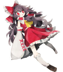 Rule 34 | 1girl, absurdres, bow, brown hair, detached sleeves, floating, hair bow, hakurei reimu, highres, japanese clothes, leaning back, long hair, miko, open mouth, red bow, red eyes, red skirt, skirt, sleeves past fingers, sleeves past wrists, solo, soresaki, touhou, very long hair, white background, wide sleeves