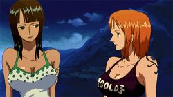 Rule 34 | 2girls, animated, animated gif, bare shoulders, black hair, bouncing breasts, breasts, female focus, large breasts, lowres, multiple girls, nami (one piece), nico robin, one piece, orange hair, screencap, tattoo, upper body