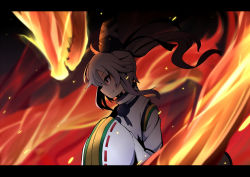 Rule 34 | 1girl, ahoge, dragon, fire, hair between eyes, hat, high collar, highres, japanese clothes, kariginu, letterboxed, long hair, mononobe no futo, pom pom (clothes), ponytail, profile, red eyes, ribbon, rihito (usazukin), silver hair, skirt, smile, solo, sparks, tate eboshi, touhou