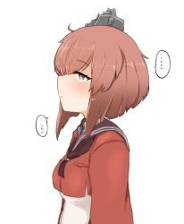 Rule 34 | 1girl, breasts, brown eyes, brown hair, brown neckerchief, brown sailor collar, dress, headgear, kantai collection, long sleeves, neckerchief, red shirt, sailor collar, sailor shirt, shiming liangjing, shirt, short hair, small breasts, solo, speech bubble, tan yang (kancolle), upper body, white dress, yukikaze (kancolle)
