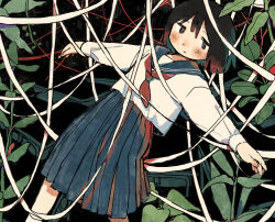 Rule 34 | 1girl, absurdres, black eyes, blush, brown hair, closed mouth, commentary request, entangled, feet out of frame, grey sailor collar, grey skirt, highres, leaf, long sleeves, looking at viewer, mamei mema, medium hair, neckerchief, original, outstretched arms, plant, pleated skirt, red neckerchief, ribbon, sailor collar, sailor shirt, school uniform, serafuku, shirt, skirt, solo, spread arms, white ribbon, white shirt