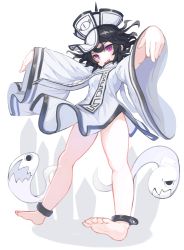 Rule 34 | 1girl, barefoot, black hair, blush, bottomless, commentary request, cuffs, demon, fang, grin, hat, highres, japanese clothes, jiangshi, ketopon, long sleeves, looking at viewer, no panties, ofuda, open mouth, original, outstretched arms, pink eyes, qingdai guanmao, shackles, short hair, simple background, slit pupils, smile, soles, solo, standing, white background, wide sleeves
