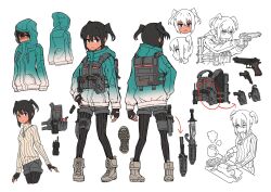 Rule 34 | 1girl, aiming, ammunition pouch, ankle boots, aqua jacket, arrow (symbol), averting eyes, beretta 92, black gloves, black hair, black shorts, black socks, boots, boutarou rx 78, breasts, character sheet, combat knife, cooking, cowboy shot, cropped legs, cross-laced footwear, cup, cutting, cutting board, dog tags, dot nose, drawstring, equipment layout, fingerless gloves, food, freckles, from behind, full body, gloves, gradient clothes, gradient jacket, grey footwear, grey shorts, gun, handgun, head only, highres, holding, holding gun, holding knife, holding weapon, holster, holstered, hood, hood down, hood up, hoodie, jacket, knife, light frown, lineart, load bearing vest, long sleeves, looking ahead, looking at viewer, multiple views, original, pants, pantyhose, pocket, pouch, purple eyes, ribbed sweater, sausage, sheath, sheathed, shoe soles, shoelaces, short twintails, shorts, simple background, sleeves past fingers, sleeves past wrists, small breasts, socks, standing, sweater, thigh strap, twintails, two-handed, upper body, walkie-talkie, weapon, white background, white jacket, white sweater