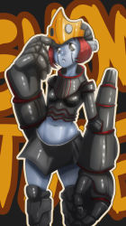 Rule 34 | 1girl, bad id, bad tumblr id, bankage, big o (mecha), black eyes, blue skin, boots, colored skin, forehead protector, knee boots, mecha musume, midriff, no pupils, oversized forearms, oversized limbs, personification, red hair, short hair, skirt, solo, the big o