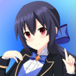 Rule 34 | black hair, blazer, blue background, breasts, buttons, collar, highres, jacket, long hair, medium breasts, mirroa1015, neptune (seires), neptune (series), noire (neptunia), ponytail, red eyes, ribbon, shirt, smile, tsundere, upper body, waistcoat