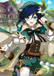 Rule 34 | 1boy, :d, absurdres, androgynous, aqua eyes, aqua hair, artist name, beret, black bow, blue hair, blue sky, bottle, bow, braid, feathers, flower, frilled sleeves, frills, genshin impact, gradient hair, green hat, green shorts, hair intakes, hat, hat flower, highres, holding, holding bottle, juliet sleeves, lkari shi, long sleeves, looking at viewer, male focus, multicolored hair, open mouth, outdoors, pantyhose, puffy sleeves, short hair with long locks, shorts, sky, smile, solo, teeth, twin braids, twitter username, two-tone hair, upper teeth only, venti (genshin impact), white flower, white pantyhose, white sleeves, wine bottle
