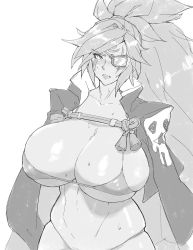 Rule 34 | 1girl, alternate breast size, amputee, baiken, bikini, blush, breasts, bursting breasts, eu03, eyepatch, frown, greyscale, guilty gear, highres, huge breasts, long hair, micro bikini, monochrome, open clothes, skindentation, solo, swimsuit, very long hair