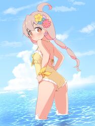 Rule 34 | 1girl, ahoge, ass, backless swimsuit, bare arms, bare legs, bare shoulders, blue sky, blush, breasts, brown eyes, closed mouth, cloud, commentary, day, earrings, flower, flower earrings, frilled one-piece swimsuit, frills, from behind, genderswap, genderswap (mtf), hair between eyes, hair flower, hair ornament, hands on own hips, highres, jewelry, long hair, looking at viewer, looking back, one-piece swimsuit, onii-chan wa oshimai!, outdoors, oyama mahiro, pink hair, sky, small breasts, smile, solo, standing, swimsuit, unkimo, wading, water, yellow one-piece swimsuit