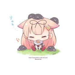 Rule 34 | 1girl, animal, animal on head, bird, bird on head, bird request, black ribbon, black shirt, black skirt, chibi, closed eyes, commentary request, drooling, facing viewer, grass, hair flaps, hair ornament, hair ribbon, hairclip, kantai collection, light brown hair, long hair, momoniku (taretare-13), neckerchief, on grass, on head, open mouth, pleated skirt, puffy short sleeves, puffy sleeves, red neckerchief, ribbon, saliva, scarf, shirt, shoe soles, short sleeves, signature, sitting, skirt, solo, translation request, twitter username, very long hair, watermark, web address, white background, white scarf, yuudachi (kancolle), yuudachi kai ni (kancolle)