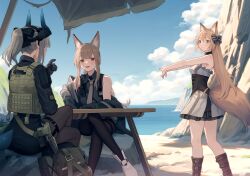 Rule 34 | 3girls, absurdres, animal ear fluff, animal ears, arknights, black pantyhose, black shirt, blue sky, boots, bow, breeze (arknights), brown footwear, brown hair, chinese commentary, closed mouth, cloud, commentary request, crossed legs, day, dragon girl, dragon horns, dress, fox ears, fox girl, fox tail, franka (arknights), grey bow, grey hair, hair bow, highres, horns, liskarm (arknights), long hair, medium hair, multiple girls, necktie, open mouth, outdoors, pantyhose, ponytail, shirt, short dress, sitting, sky, sleeveless, sleeveless shirt, standing, strapless, strapless dress, striped, striped bow, tail, welt (kinsei koutenkyoku), white footwear, white necktie