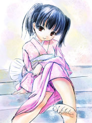 Rule 34 | 1girl, arm support, barefoot, black hair, child, hand fan, feet, head tilt, japanese clothes, kimono, paper fan, pink kimono, q-gaku, red eyes, short hair, short twintails, sitting, sitting on stairs, smile, soles, solo, stairs, toe scrunch, toes, twintails, uchiwa, yukata