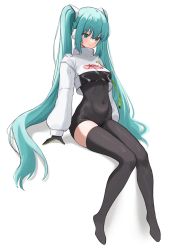 Rule 34 | 1girl, absurdres, aqua eyes, aqua hair, black bodysuit, black thighhighs, bodysuit, breast curtains, breasts, closed mouth, commentary, covered navel, erenav, full body, hair ornament, hatsune miku, highres, knees together feet apart, long hair, long sleeves, looking down, puffy long sleeves, puffy sleeves, racing miku, racing miku (2022), shadow, shrug (clothing), sitting, small breasts, smile, solo, thighhighs, twintails, vocaloid