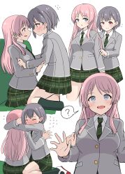 2girls ? absurdres arms_around_neck asyura_kumo bang_dream! bang_dream!_it&#039;s_mygo!!!!! blush chihaya_anon closed_eyes closed_mouth collared_shirt commentary flying_sweatdrops green_skirt grey_eyes grey_hair grey_jacket haneoka_school_uniform highres hug jacket long_hair long_sleeves multiple_girls parted_lips pink_hair plaid_clothes plaid_skirt pleated_skirt red_eyes school_uniform shirt short_hair simple_background sitting sitting_on_lap sitting_on_person skirt spoken_question_mark takamatsu_tomori white_background white_shirt yuri